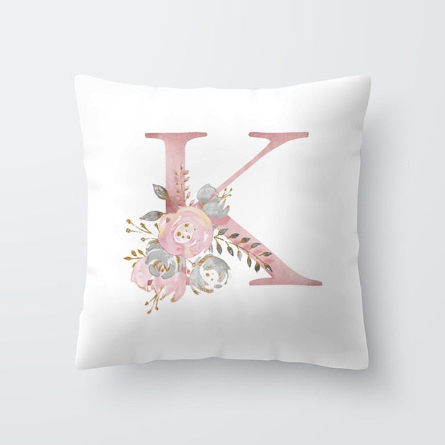 Pink Letter Decorative Floral Pillow Gold Alphabet Cushion for Sofa Polyester Pillowcase Decoration Salon-Dollar Bargains Online Shopping Australia