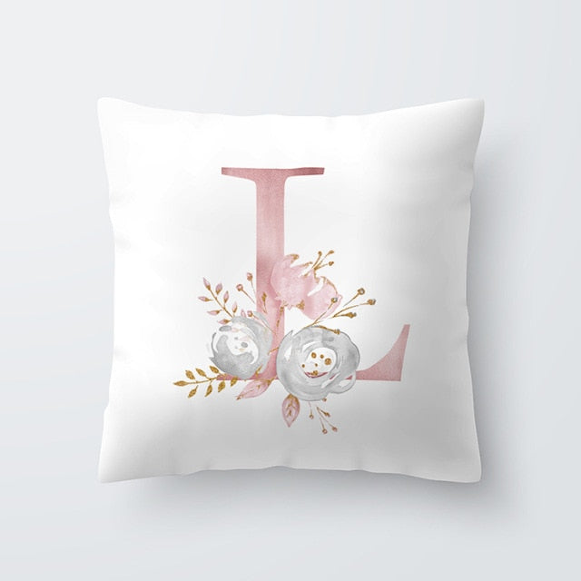 Pink Letter Decorative Floral Pillow Gold Alphabet Cushion for Sofa Polyester Pillowcase Decoration Salon-Dollar Bargains Online Shopping Australia