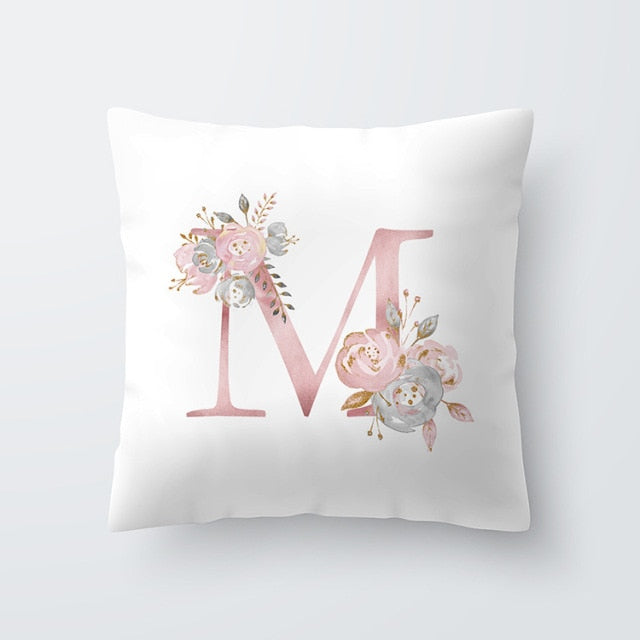 Pink Letter Decorative Floral Pillow Gold Alphabet Cushion for Sofa Polyester Pillowcase Decoration Salon-Dollar Bargains Online Shopping Australia