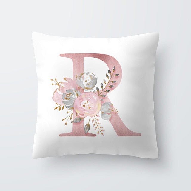 Pink Letter Decorative Floral Pillow Gold Alphabet Cushion for Sofa Polyester Pillowcase Decoration Salon-Dollar Bargains Online Shopping Australia