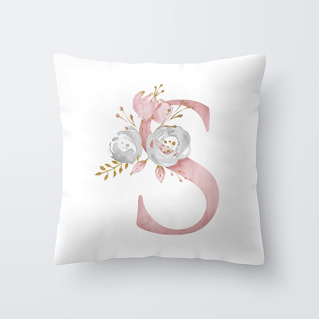 Pink Letter Decorative Floral Pillow Gold Alphabet Cushion for Sofa Polyester Pillowcase Decoration Salon-Dollar Bargains Online Shopping Australia