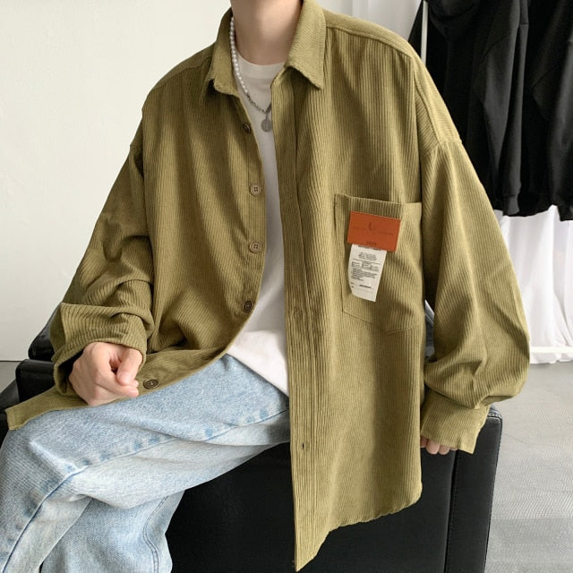 Corduroy Long Sleeve Shirts Autumn Korean Shirt Woman Fashion Casual Oversize Shirt Printed Clothing