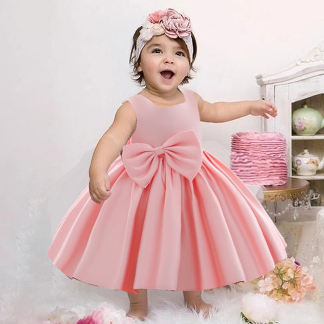 Infant Bow 1st birthday Baby Dress Costumes Flower Embroidery Princess Party Wedding Dress For Baby White First Communion Dress