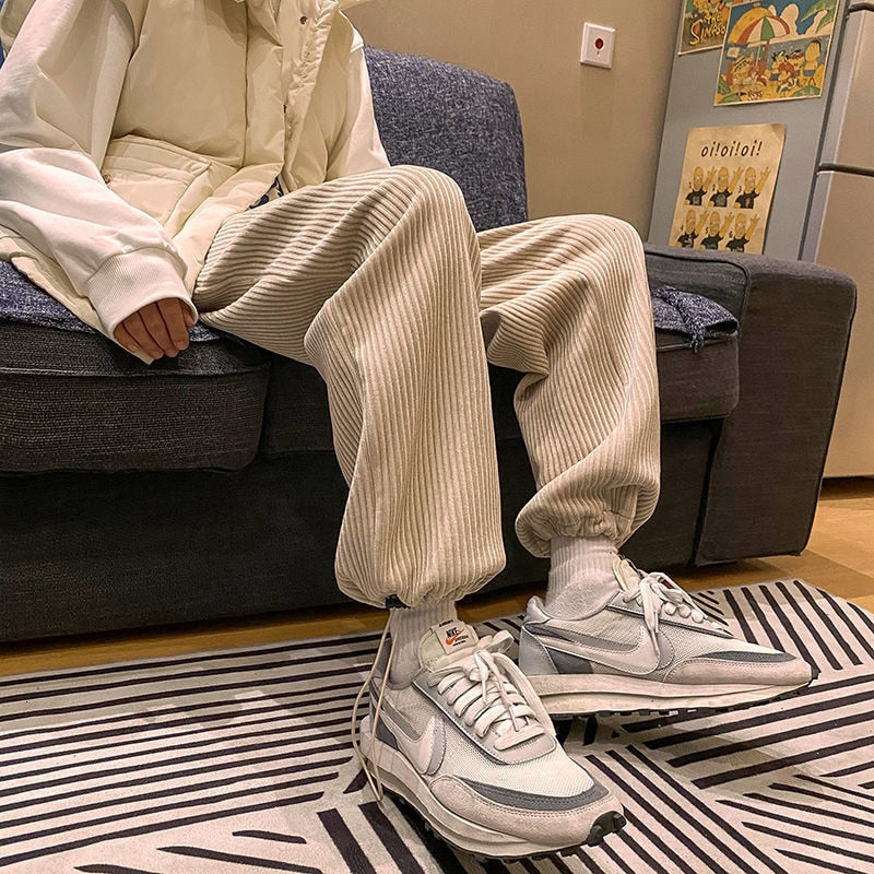 Tie Leg Straight Pants Woman Corduroy Solid Color Oversize Trousers Man Warm Korean Streetwear Pants