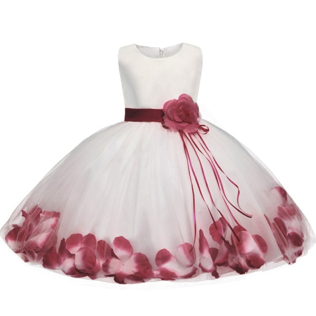 Kids Flowers Ribbons Dresses for Girls Floral Red Robe Vestido Christmas Clothes New Year Elegant Prom Tutu Gown