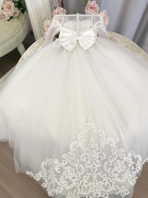 Lace Flower Girl Dress Bows First Communion Dress Princess Tulle Ball Gown Wedding Party Dress 2-14 Years