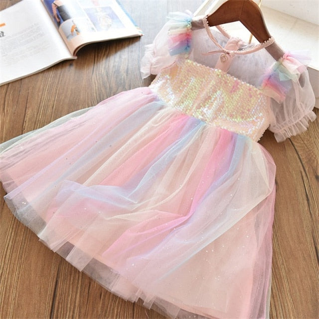 Girls Short Sleeve Dress Sequined Party Costume Fairy Summer Puffy Dress Rainbow Children Clothing