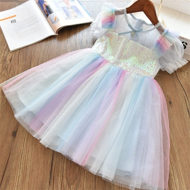 Girls Short Sleeve Dress Sequined Party Costume Fairy Summer Puffy Dress Rainbow Children Clothing