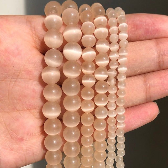 Natural Stone Pink White Moonstone Cat Eye Beads For Jewelry Making Smooth Loose Spacer Beads Opal Diy Charm Bracelets Necklace