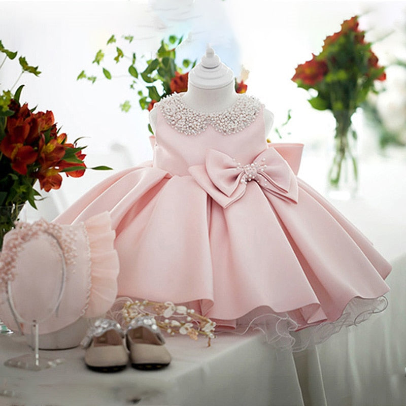 White Wedding Satin Princess Baby Girls Dress Bow 1st Birthday Evening Party Infant Christening Dress for Girl Gala Kid Clothes