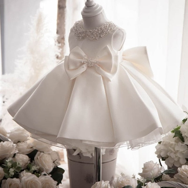 White Wedding Satin Princess Baby Girls Dress Bow 1st Birthday Evening Party Infant Christening Dress for Girl Gala Kid Clothes