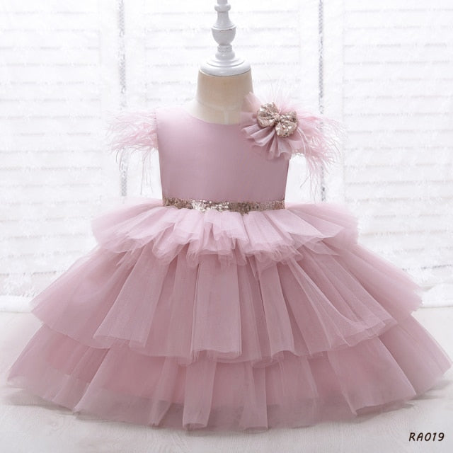 Tiered Layers Tulle Dress Girl Gown Pearls Necklace V Back Design Flower Girl Wedding Clothes for Children Casual