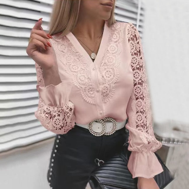 Women Sexy Lace Patchwork Hollow Out Shirt Long Sleeve Crew Neck Button Mesh Design Top White Vintage Shirts-Dollar Bargains Online Shopping Australia