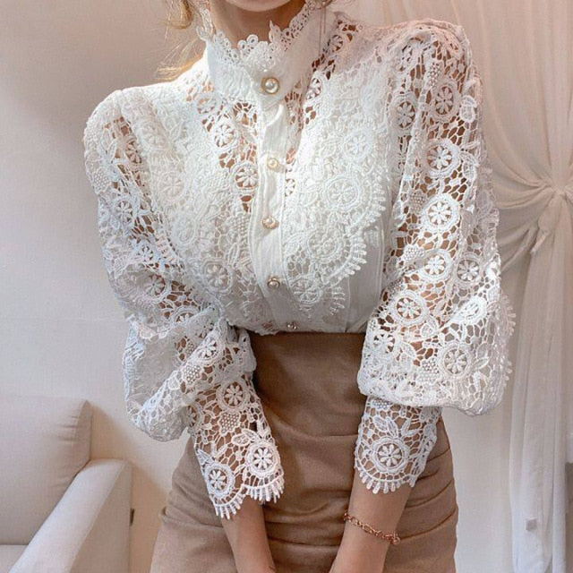 Women Sexy Lace Patchwork Hollow Out Shirt Long Sleeve Crew Neck Button Mesh Design Top White Vintage Shirts-Dollar Bargains Online Shopping Australia