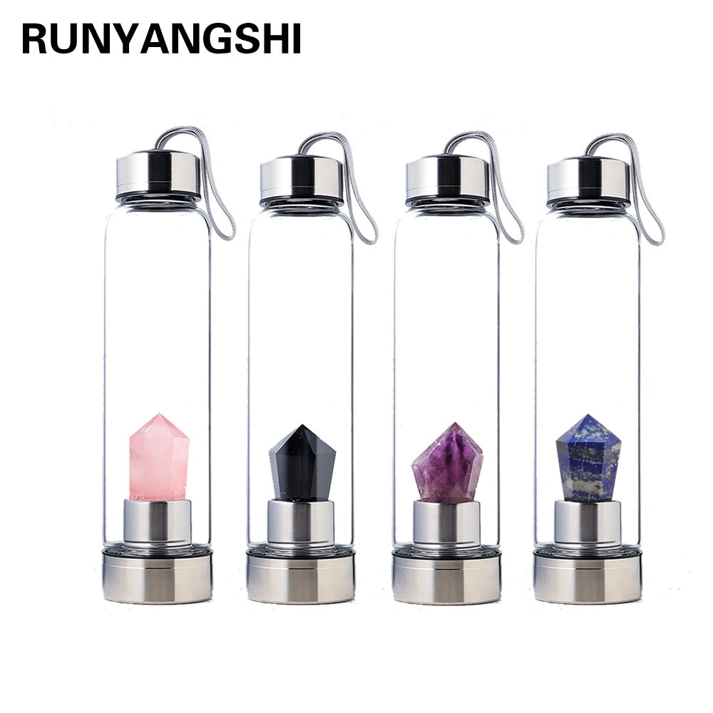 550ML Portable Natural Crystal Wand Water Cup Healing Obelisk Tower Elixir Rose Quartz Amethyst Water Bottle Home Decor Gift