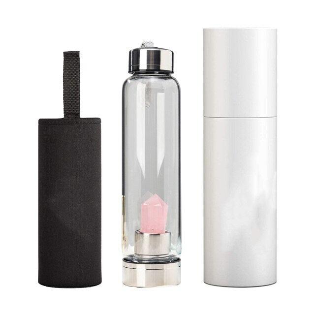 550ML Portable Natural Crystal Wand Water Cup Healing Obelisk Tower Elixir Rose Quartz Amethyst Water Bottle Home Decor Gift