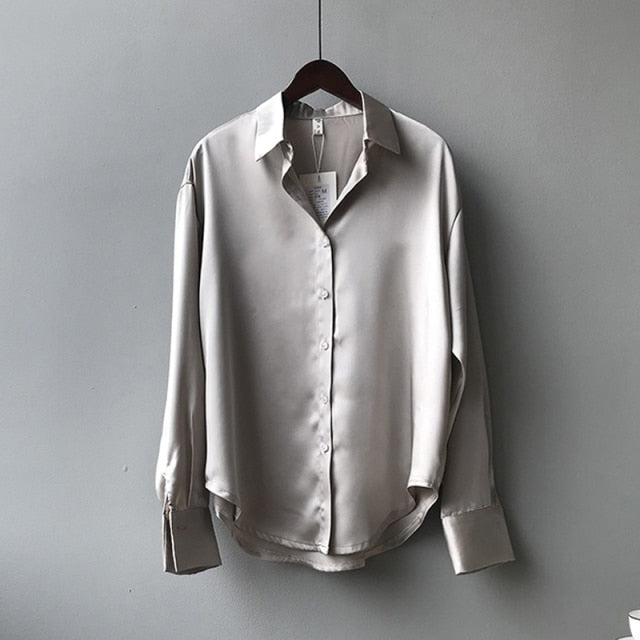 Silk Korean Office Ladies Elegant Shirt Blouse Women Fashion Button Up Satin Shirt Vintage White Long Sleeve Shirts Tops-Dollar Bargains Online Shopping Australia