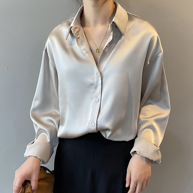 Silk Korean Office Ladies Elegant Shirt Blouse Women Fashion Button Up Satin Shirt Vintage White Long Sleeve Shirts Tops-Dollar Bargains Online Shopping Australia