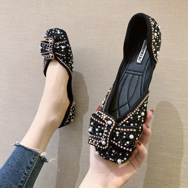 Women Ballet Flats Bling Crystal Diamond Dress Ladies Bow Sequins Single Shoes Rhinestone Glitter Square Toe-Dollar Bargains Online Shopping Australia