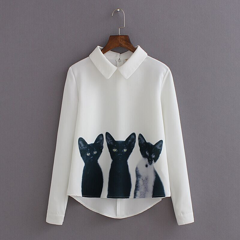 Fashion Cartoon Cat Brand Women's Loose Chiffon Three Cats Tops Long Sleeve Casual Blouse Autumn Shirts High Quality-Dollar Bargains Online Shopping Australia