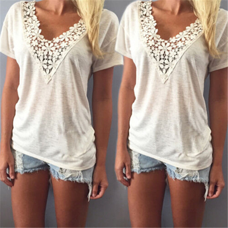 Sexy Fashion Women Summer Deep V Neck Thin Shirt Lace Neck Casual Loose Short Sleeve Blouse Tank Tops Shirt-Dollar Bargains Online Shopping Australia