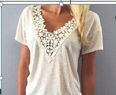 Sexy Fashion Women Summer Deep V Neck Thin Shirt Lace Neck Casual Loose Short Sleeve Blouse Tank Tops Shirt-Dollar Bargains Online Shopping Australia