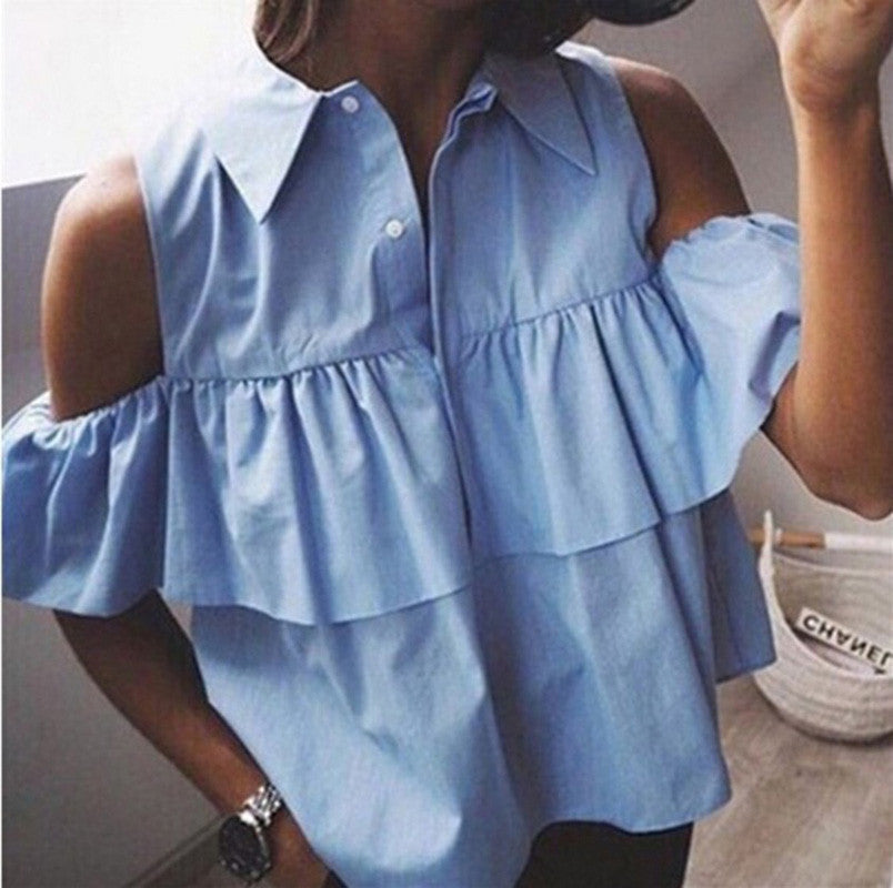 Summer Fashion Women Off Shoulder Ruffles Shirt Lapel Hollow out Blouse Casual Tops plus size-Dollar Bargains Online Shopping Australia