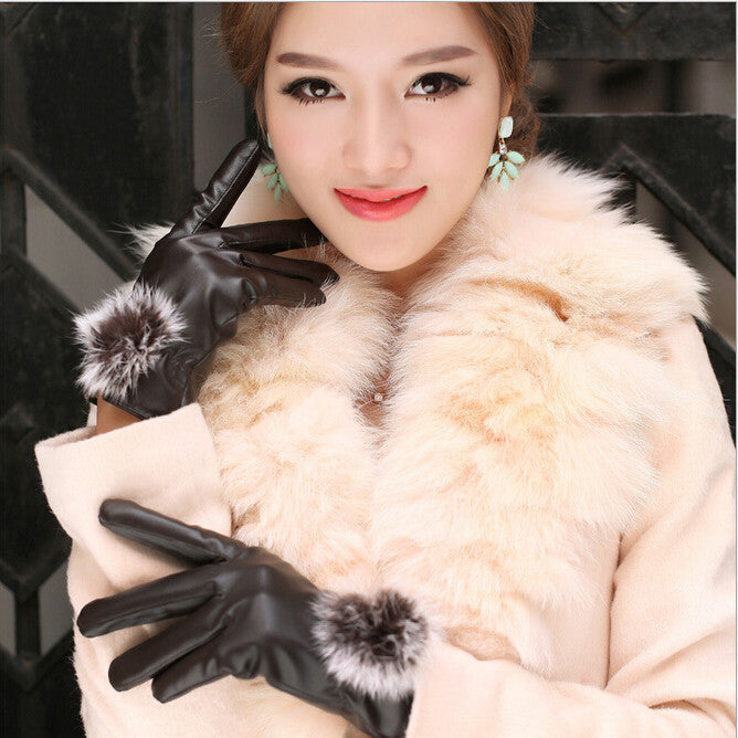 1 Pair Beautiful Rabbit Fur Ball PU Leather Gloves For Winter Gloves Brand Mitten Luvas Women Gloves Female Gloves-Dollar Bargains Online Shopping Australia