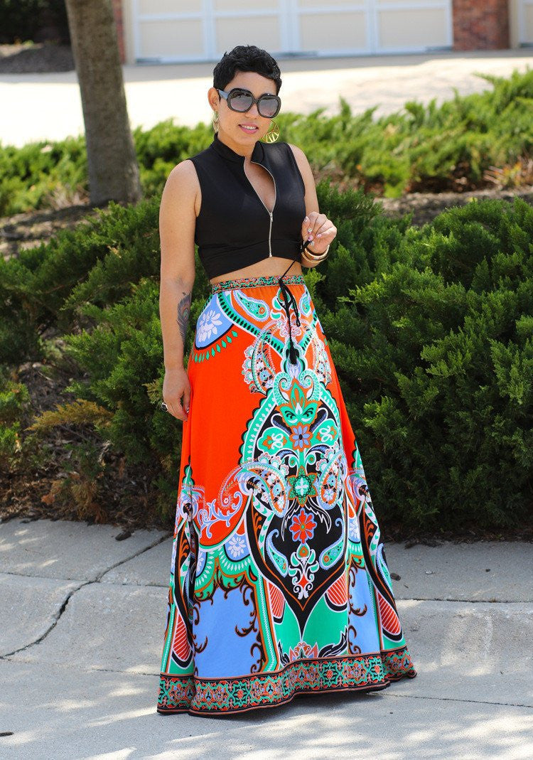 Women African Style Floral Print Maxi Flower Elastic Waist Long Skirt