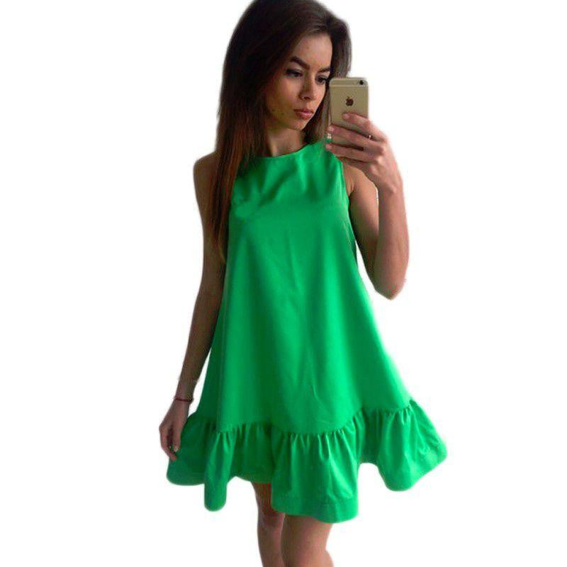 Women Dresses Summer Sleeveless Round Neck Casual Plus Size Beach Solid color Lotus leaf edge Dresses