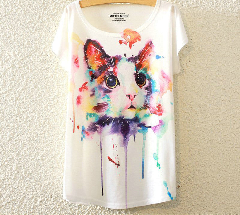 KaiTingu Brand Fashion Summer Harajuku Animal Cat Print Shirt O-Neck Short Sleeve T Shirt Women Tops White T-shirt-Dollar Bargains Online Shopping Australia