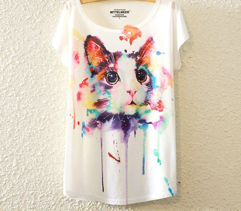 KaiTingu Brand Fashion Summer Harajuku Animal Cat Print Shirt O-Neck Short Sleeve T Shirt Women Tops White T-shirt-Dollar Bargains Online Shopping Australia