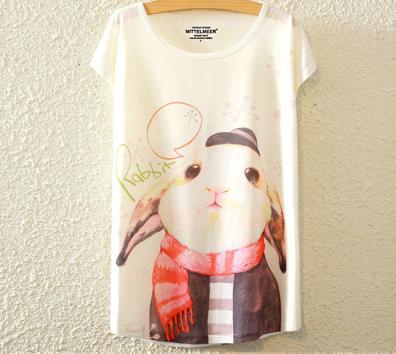 KaiTingu Brand Fashion Summer Harajuku Animal Cat Print Shirt O-Neck Short Sleeve T Shirt Women Tops White T-shirt-Dollar Bargains Online Shopping Australia