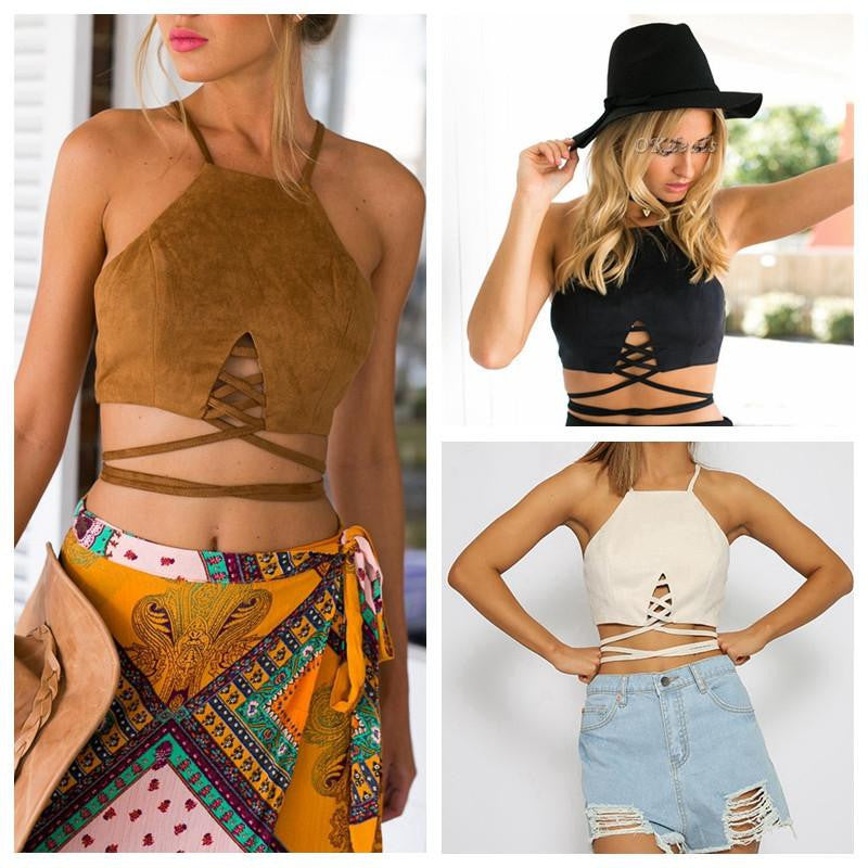 Women Faux Suede Halter Cross Hollow Boho Bohemian Bandage Camis Women's Bustier Bralet Cropped Top Vest