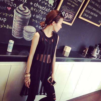 wind big tide model nets yarn stripe long vest sexy hollow out the dress Women's personality