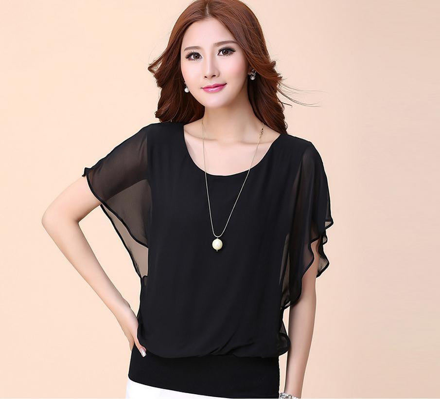 Women's Short-sleeve Top Ladies Chiffon Blouses Shirts Female Elegant Batwing Plus size Casual