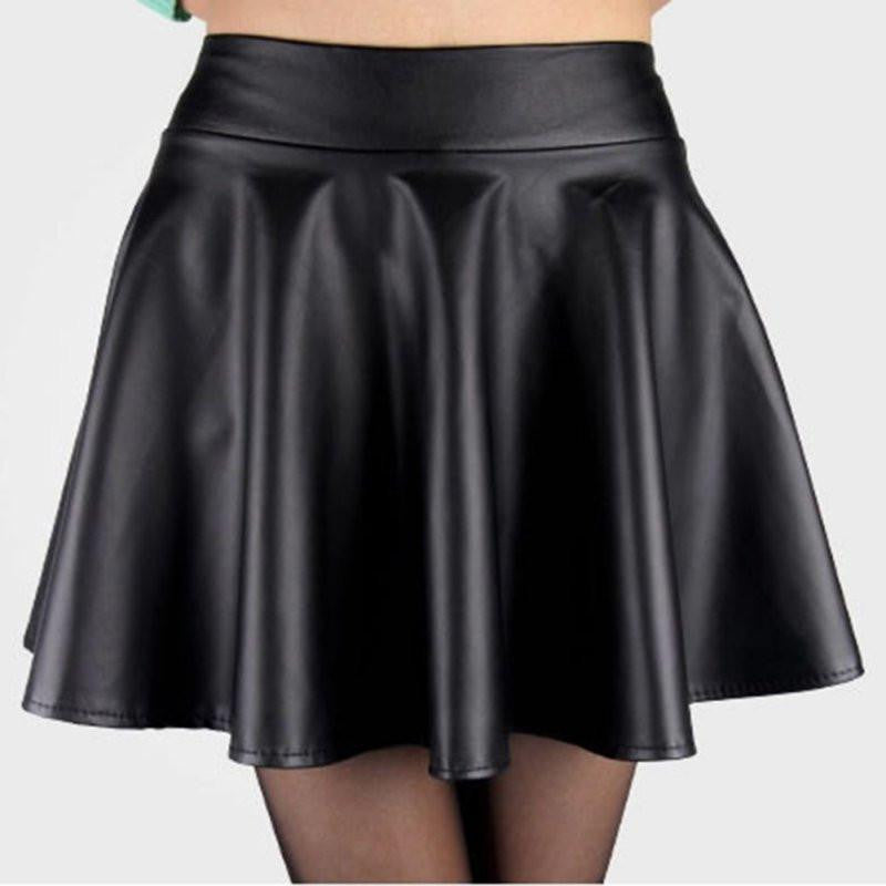 Women Ladies Faux Leather High Waist Skater Flared Pleated Short Mini Skirt