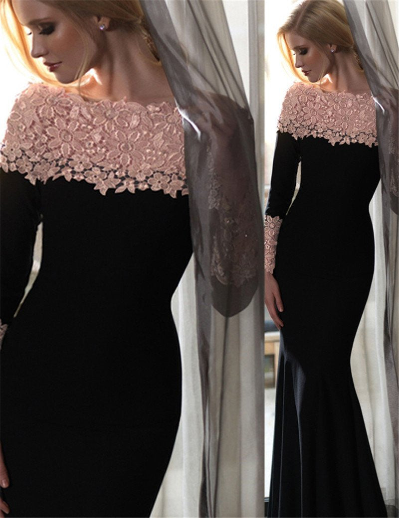 VE1020 Boat neck pink lace long sleeve dress Spring women bodycon elegant dress arrival plus size black long dress