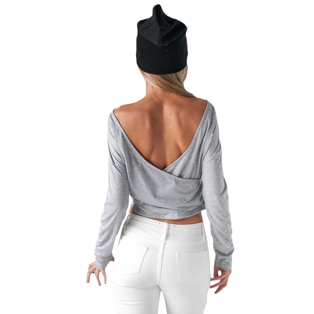 Online discount shop Australia - HimanJie New Long Sleeve Cotton T Shirt Women Clothing O Neck Sexy Backless Casual Tops