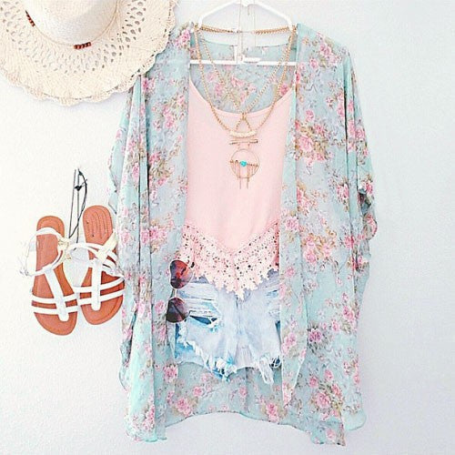 Women Blouses Plus Sizes Floral Cardigan Women Tops Chiffon Batwing Blouse Kimono Cardigan-Dollar Bargains Online Shopping Australia