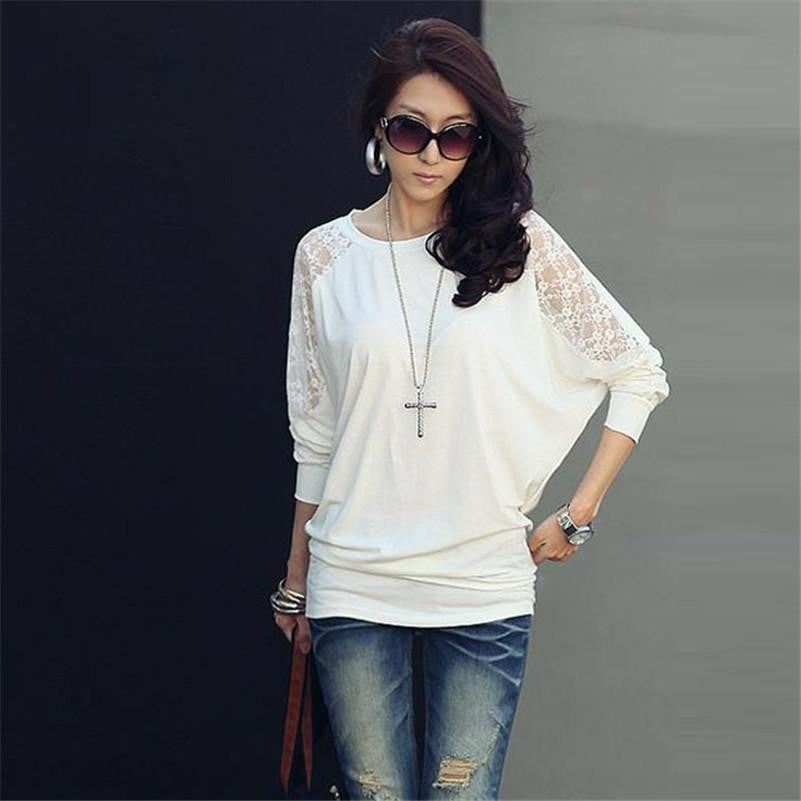 stylish S-XXL Women Long Sleeve Casual Dolman Lace Loose Shirt Batwing Tops Lady sexy Tops