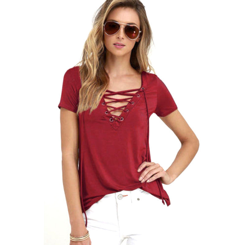 Summer Fashion Women T-shirts Short Sleeve Sexy Deep V Neck Bandage Shirts Women Lace Up Tops Tees T Shirt plus size LJ3422M-Dollar Bargains Online Shopping Australia