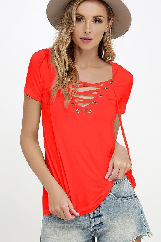 Summer Fashion Women T-shirts Short Sleeve Sexy Deep V Neck Bandage Shirts Women Lace Up Tops Tees T Shirt plus size LJ3422M-Dollar Bargains Online Shopping Australia