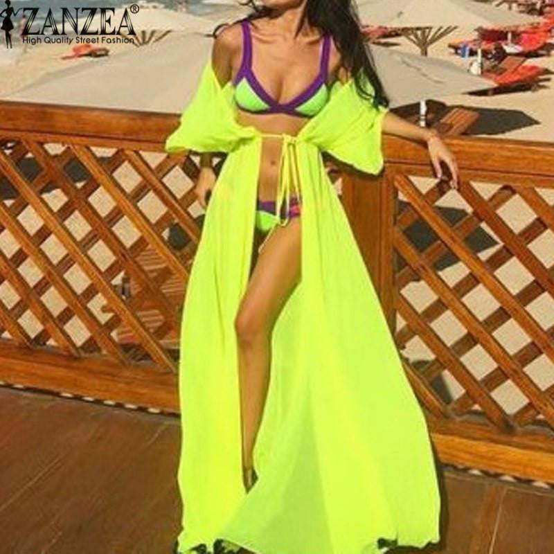 Women Chiffon Cardigan Long Swimwear With Belt Bathing Suit Beach Bikini Swimwear Cover Up Tops