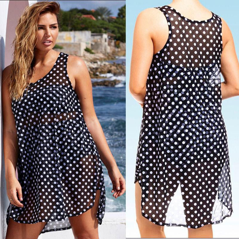 Women Beach Dress Dot Chiffon Black Crochet Summer Dresses Hippie Boho Dress Vestidos Beach Wear 3XL 2XL