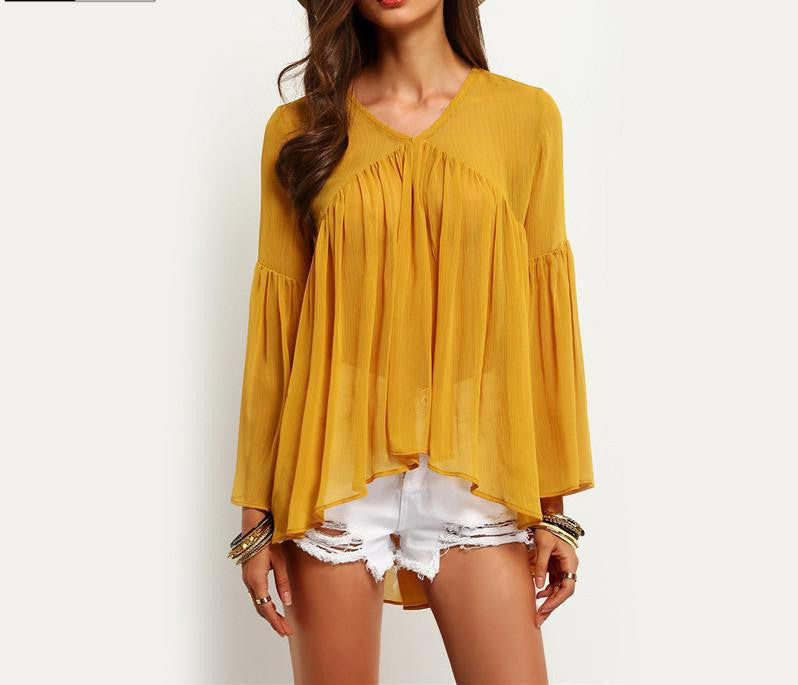 Streetwear Style Women Shirts Yellow Bell Sleeve Round Neck Ruffle Casual Blouse