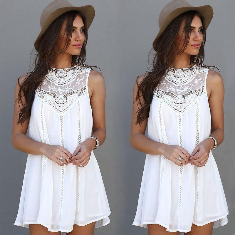 Summer Women Lace Sleeveless Long Tops Blouse Shirt Ladies Beach BOHO Short Mini Dress Plus Size