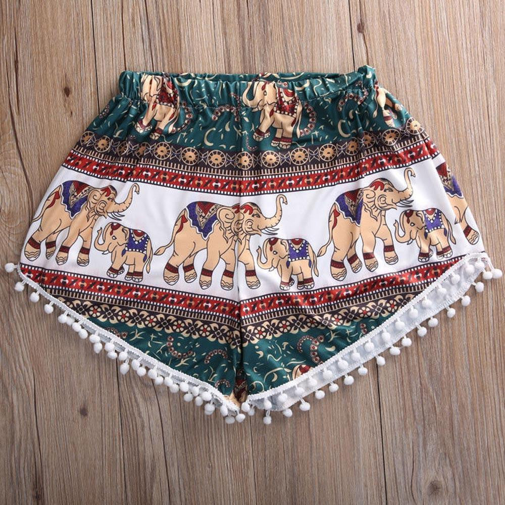 Women High Waist Shorts Fashion Boho Elastic Waist Tassels Elephant Print Beach Casual Mini Shorts