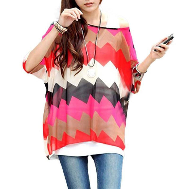 Women Batwing Sleeve Chiffon Shirt Bohemian National Wind Blouse Tops