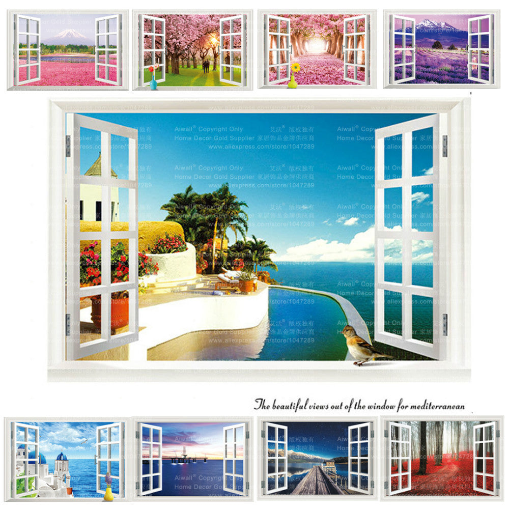 Online discount shop Australia - 9 Styles 3020 Removable Beach Sea 3D Window Scenery Wall Sticker home Decor Decals Mural Decal Exotic Beach View